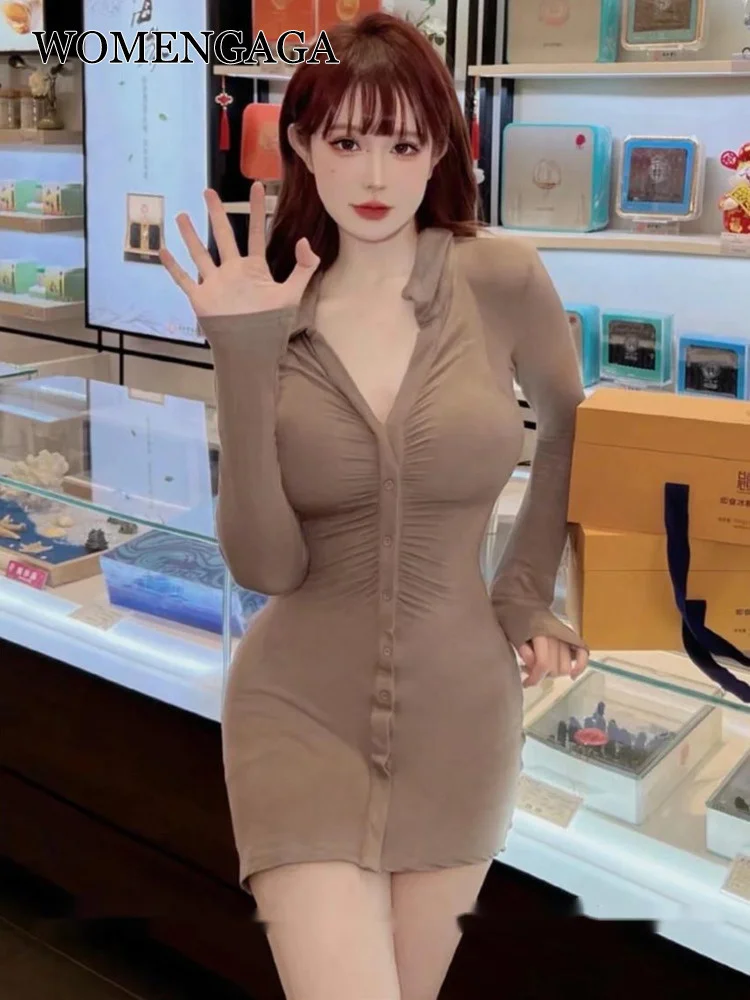 

Long Sleeve V-neck WOMENGAGA Fold Button Slim Hip Mini Dress Shirt Short Spring Women Korean Chic Fahsion Sexy Hot Tops G5U2
