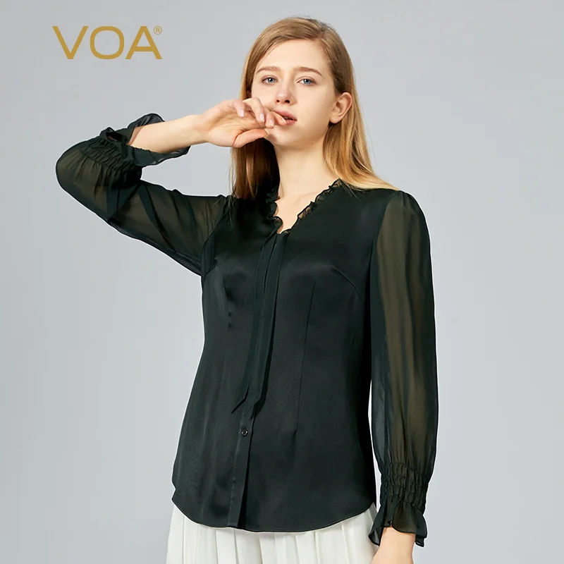 

VOA 40m/m Double-sided Satin Silk Green Women Shirts Georgette Lace V-Neck Long-sleeve Paneled Single-breasted Silk Shirt BE1001