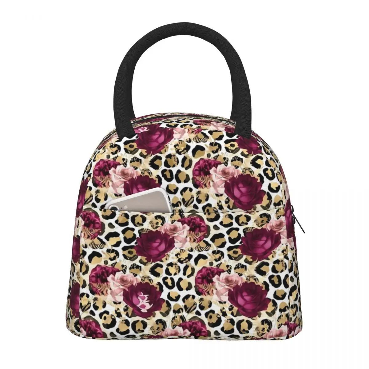 

Цветочный Леопардовый ланч-мешок, золотой и розовый Забавный Ланч-бокс для пикника на открытом воздухе, переносные термо-сумки на молнии, сумка-холодильник с принтом