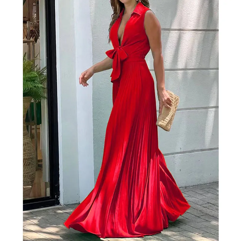 Summer Fashion Women Jumpsuit Solid V Neck Sleeveless Lapel  Pleated Lace Up Loose Wide Legs Romper High Streetwear