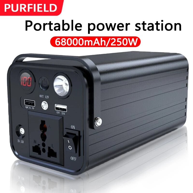 

PURFIELD 68000 мАч 250 Вт портативная электростанция генератор батарея Внешнее зарядное устройство аварийный источник питания инвертор