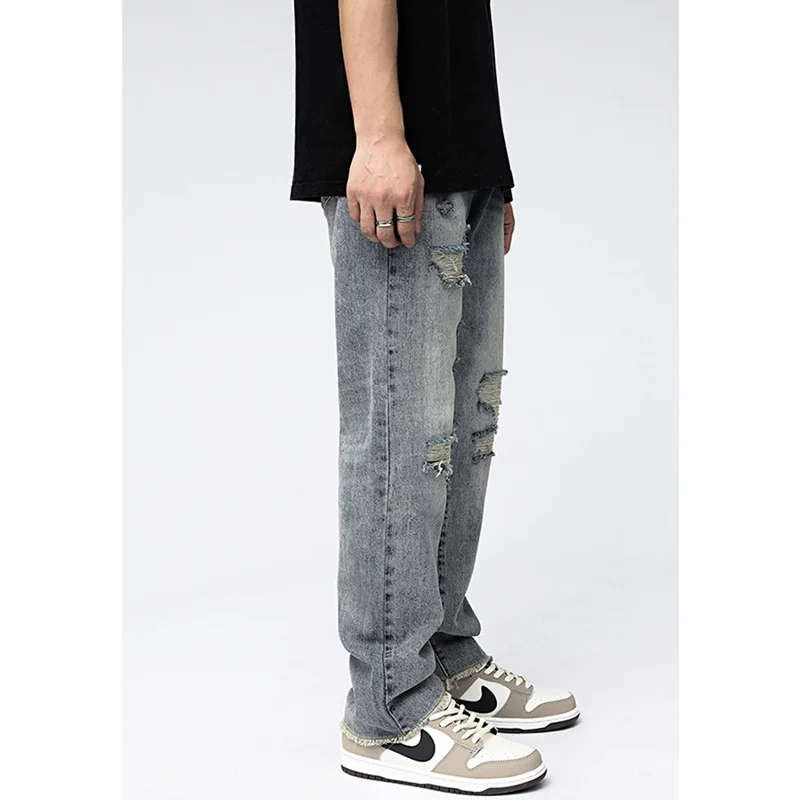 Streetwear Men Vintage Loose Blue Ripped Jeans 2022 Autumn and Winter New Style Pattern Fashion Straight Cylinder Trousers Women