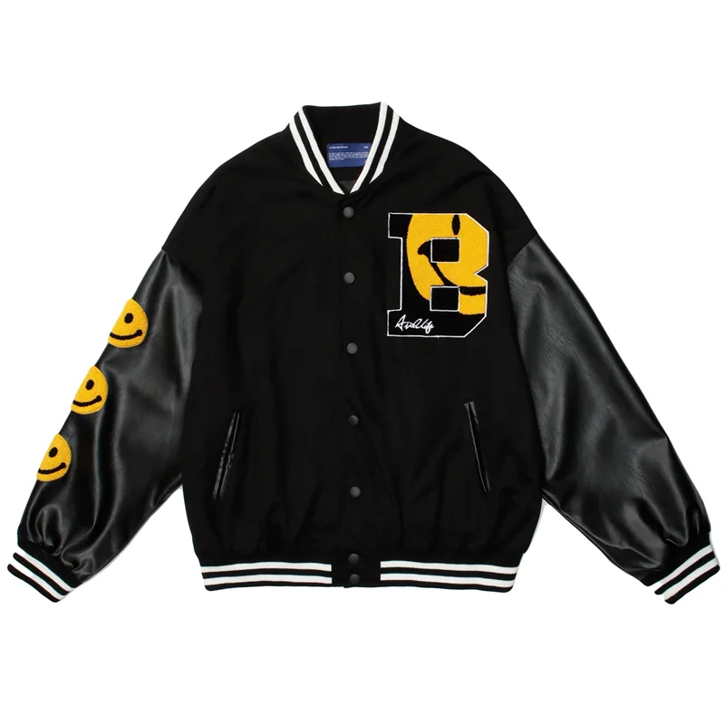

Hip Hop Baseball Jacket Coat Smiley Letter B Embroidery Patchwork Oversized Streetwear Bomber Varsity Fashion College Jacket