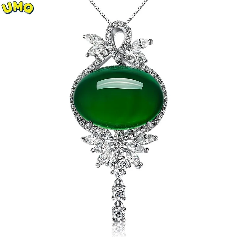 

Natural Emerald Pendant for Women 925 Sterling Silver Color Jade Necklace Green Chalcedony Crystal Agate Clavicle Pendant