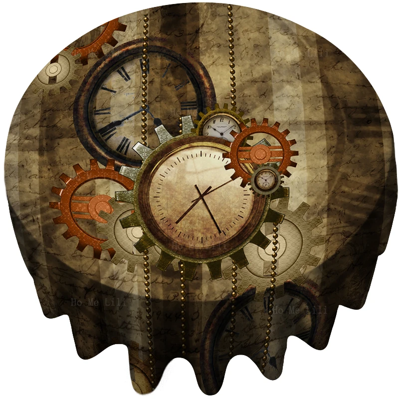 

Retro Steampunk Clocks And Gears Mechanical Movement Industrial Style Round Tablecloth By Ho Me Lili For Tabletop Decor