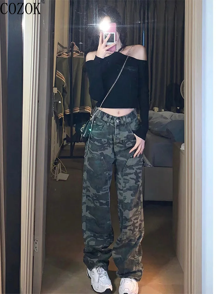 Large Size Camouflage Wide Leg Pants Women's High Street Casual Hip Hop Loose Slimming Sports Army Green Cargo Jeans