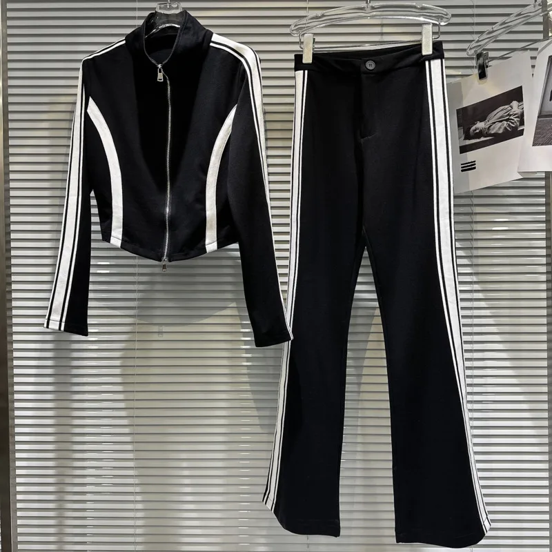 

Осенний комплект спортивных костюмов PREPOMP GL702 с высоким воротником на молнии, облегающая куртка контрастных цветов в полоску, длинные расклешенные брюки