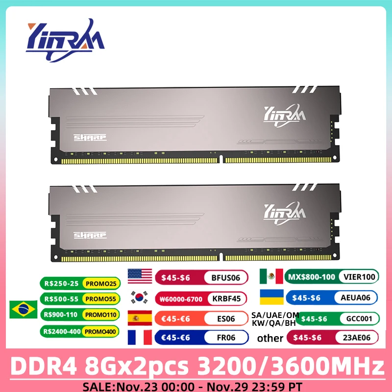 

YINRAM DDR4 3200MHz Memory RAM 8GB 16GB Dual Channel Memory 3600MHz 8GBx2 16GBx2 XMP Overclocking C18 1.35V DIMM for Desktop PC