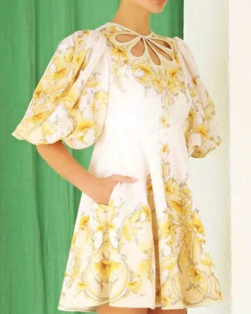 

Женское льняное платье-мини с рукавами-фонариками, свободное платье с лепестками и цветочным принтом лимоно-желтого цвета, лето 2022