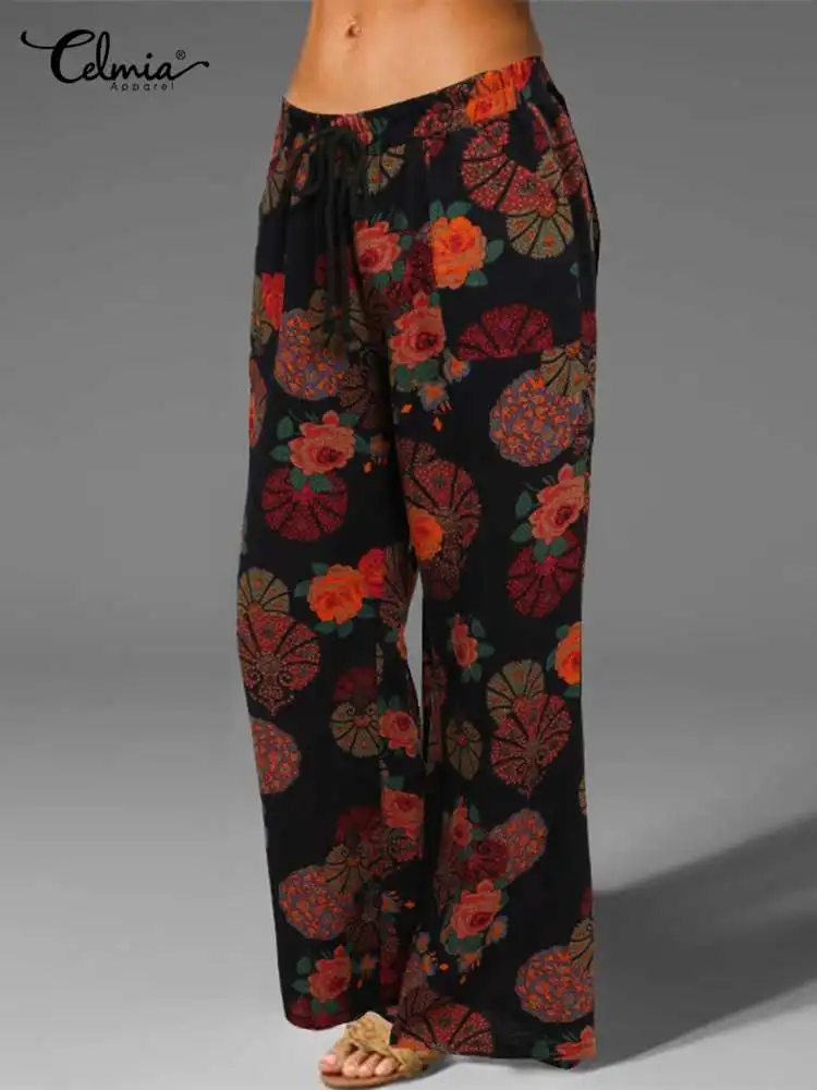 

Celmia Casual Loose Long Pantalon Vintage Flower Printed Pants Women 2022 Autumn Wide Leg Cotton Drawstring Oversize Trousers