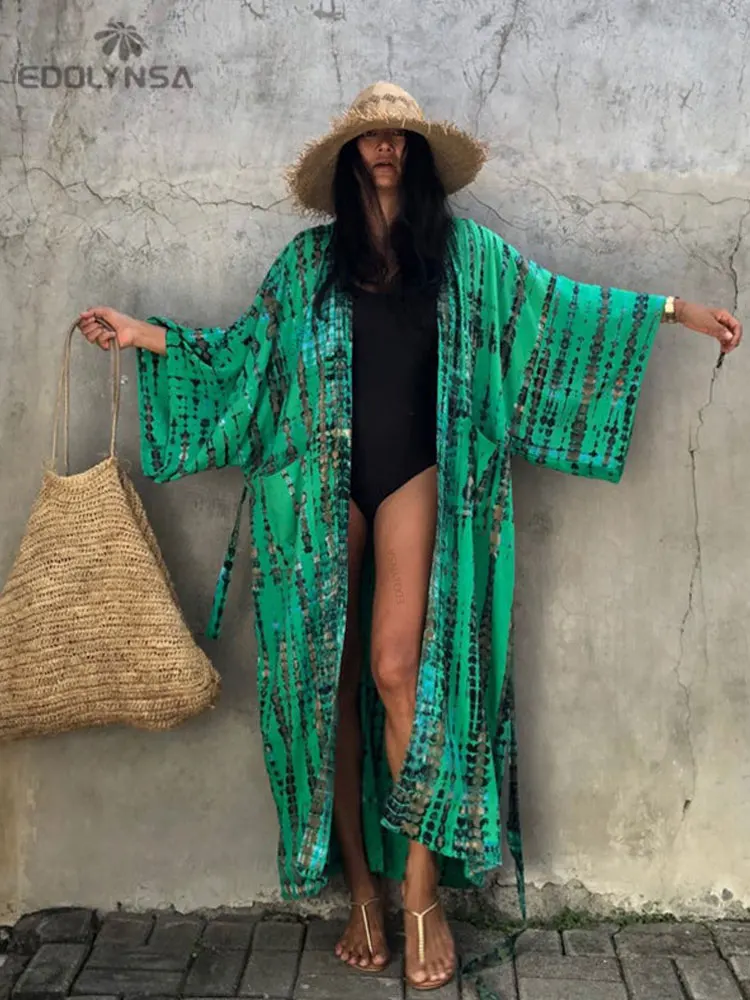 

2023 Sexy Bikini Cover-ups Boho Printed Fringed Long Kimono Carfigan Tunic Women Summer Beach Wear Swim Suit Cover Up A751