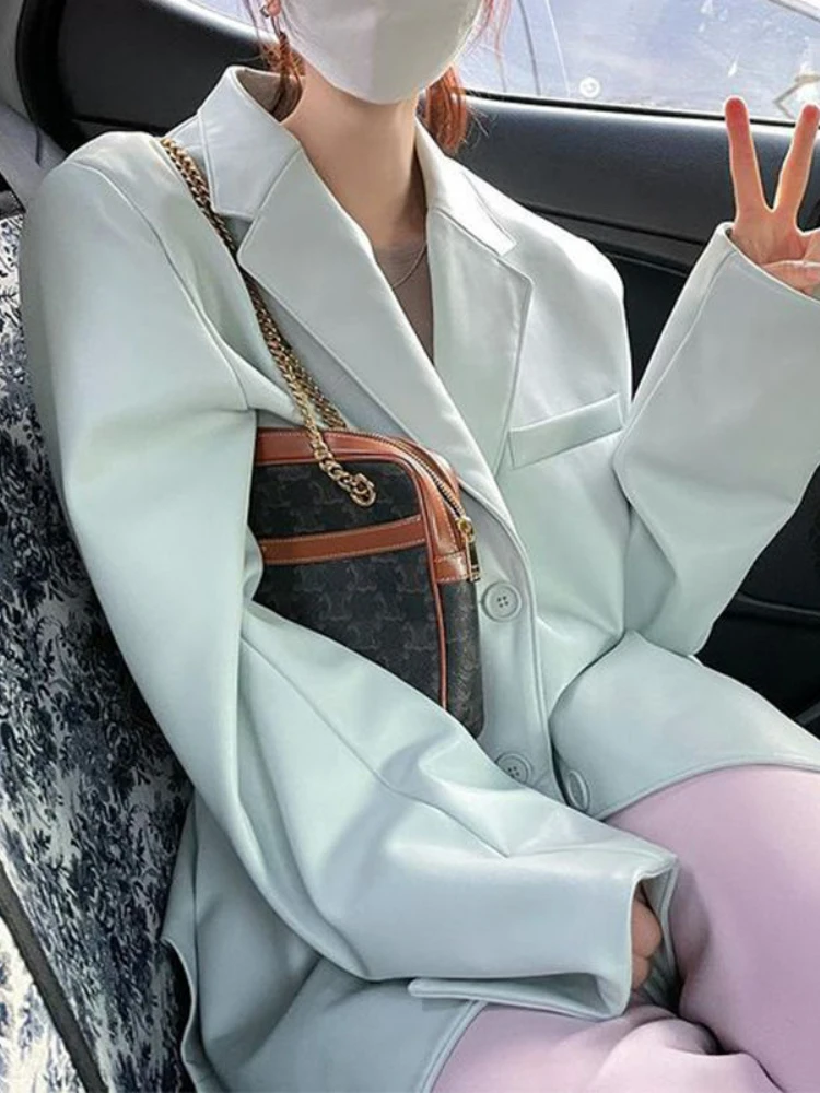 Autumn Korean Leather Jacket Women 2022 Winter Thin Notched Casual Biker Moto Leather Coat Female Streetwear Button PU Chic Tops