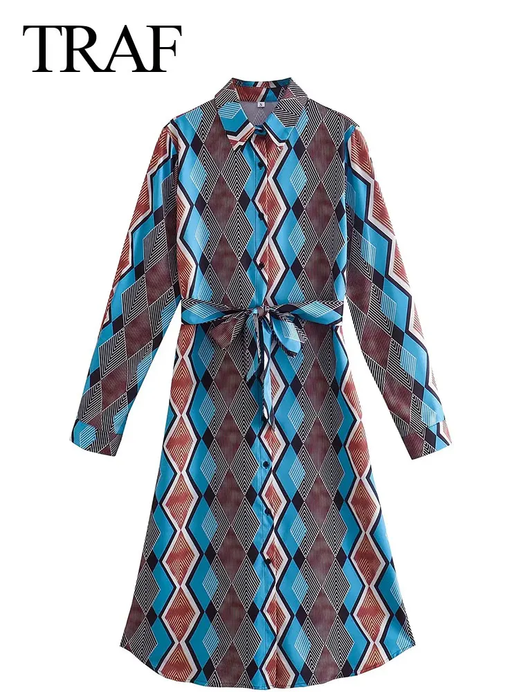 

TRAF Trend Women Fashion Shirt Dress Printed Lozenge Belt Bow Slim Lapel Single Breasted Long Sleeve Vintage Long Dress Ladie
