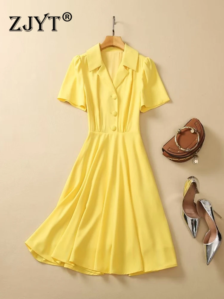 

ZJYT Fashion Summer Yellow Dress Women 2023 Designer Short Sleeve Casual Simple Vestido Para Mujer Turn Down Collar Elegant Robe