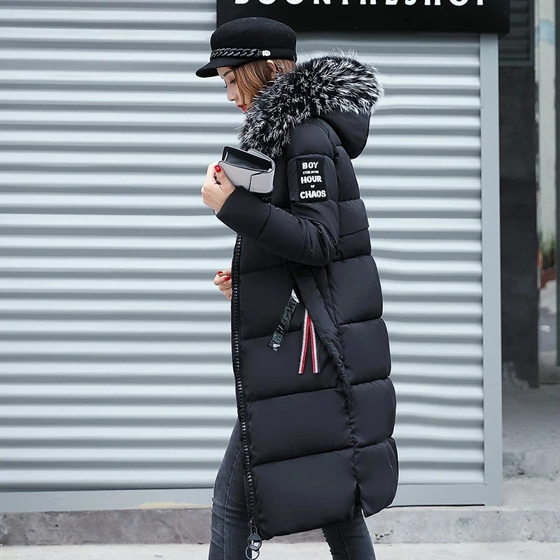 2022 New Women Cotton Padded Fur Parka Fur Collar Hooded Parkas Overcoat Thick Slim Long Coat Thick Warm Parkas Female Outerwear