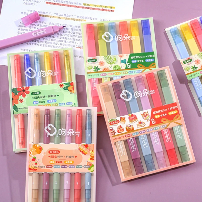 

6PCS/Set Double Headed Large Volume Soft Tip Highlighter Fluorescent Color Marker Pen DIY Journal Pen Signs Student Stationery
