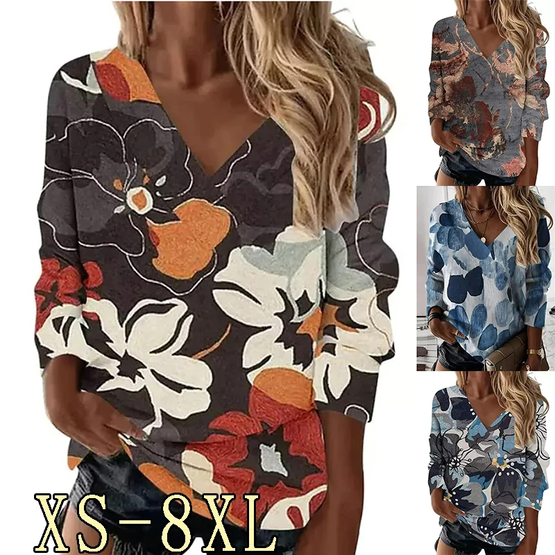 

Women's New Autumn and Winter 2022 Fashion 3D V-Neck Loose Long Sleeves Casual Flower Print Pullover XS-8XL