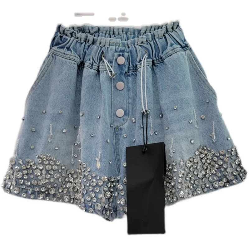 2023 Summer New Heavy Industry Tassel Bead Diamond High Waist Slimming Wide-Leg Denim Shorts Women
