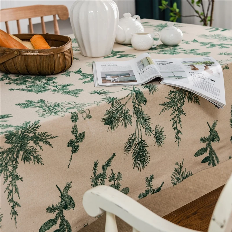 Скатерть из хлопка и льна, прямоугольная Декоративная скатерть с принтом зеленых птиц и растений для стола, обеденного сада и кухни