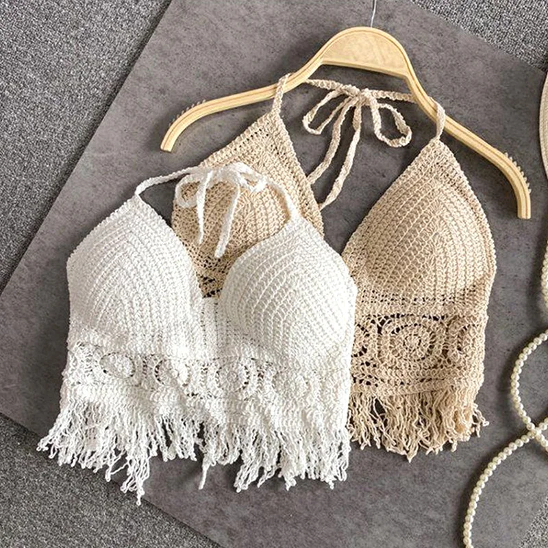 

2023 New Crop Tops Retro Wild Hollow Perspective Tassel Sexy Spaghetti Strap Tank Top Women Built In Bra Back Lace Halter Neck