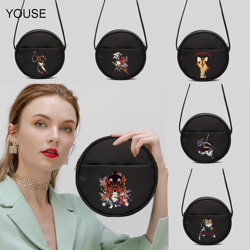 

YOUSE harajuku street style handbag female round bag messenger bag black samurai pattern printing shoulder bag canvas