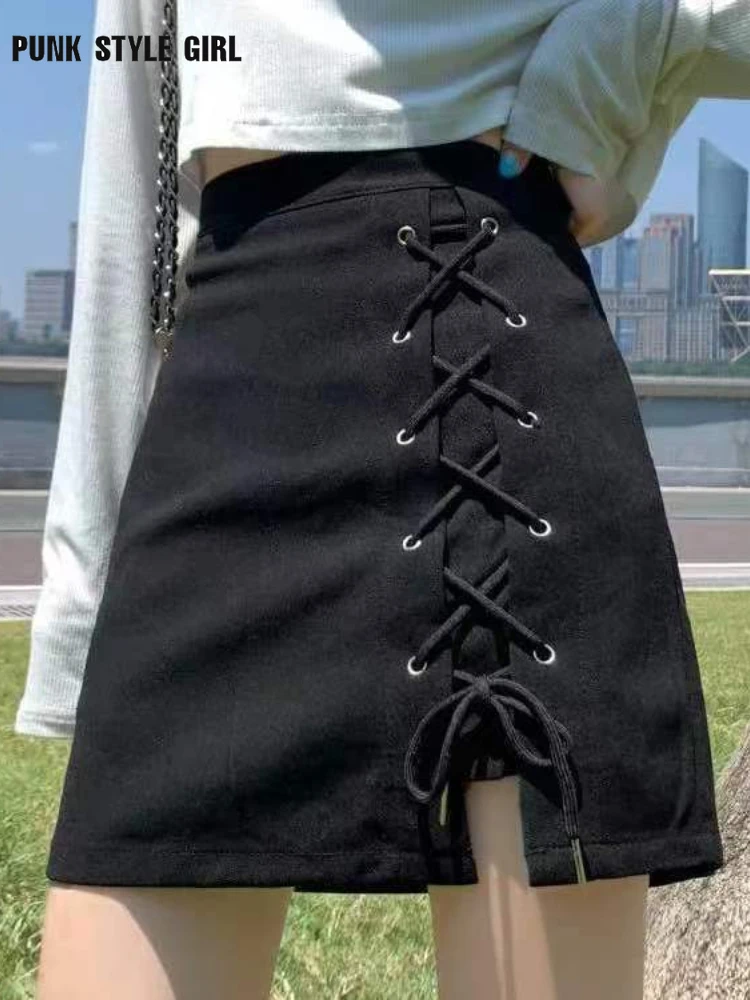 

Preppy Girl Bandage Mini Skirt Women Solid Color All-Match A-Line Skirts High Waist Bodycon Miniskirt Korean Girls Chic Skater