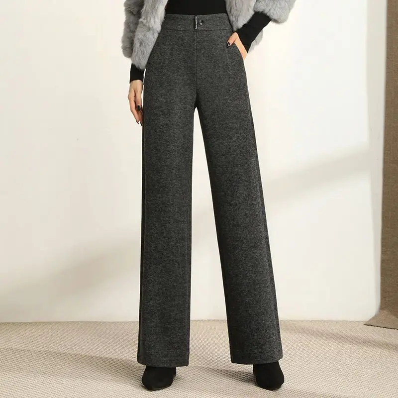 

Осенне-зимние шерстяные Костюмные брюки, женские плотные теплые брюки с высокой талией, свободные прямые брюки с широкими штанинами, повседневные офисные женские брюки Q451