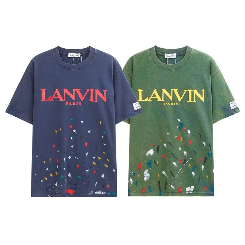 

LANVIN Fashion Luxury summer letters LOGO printing simple short-sleeved ink splash color dots men and women couples tide