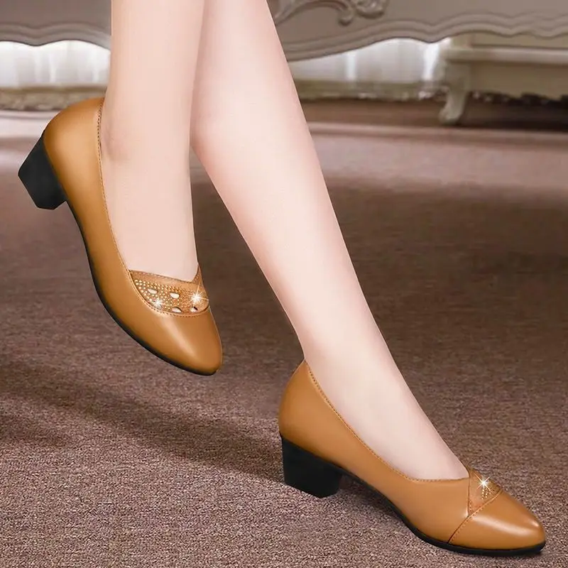 Женские классические туфли на каблуке коричневые туфли-лодочки с круглым носком