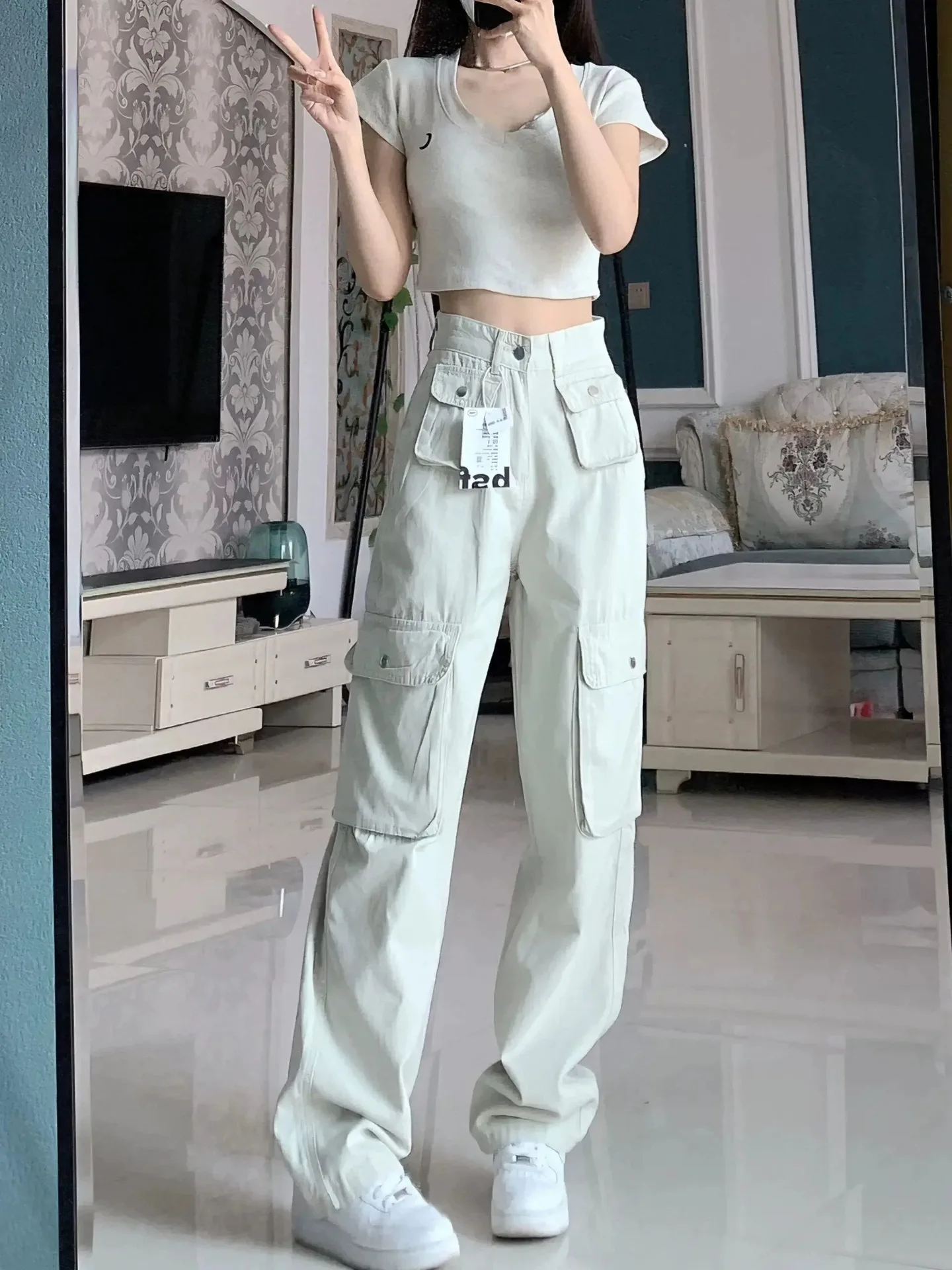 

Повседневные однотонные американские брюки-карго, женские повседневные свободные джинсовые брюки с несколькими карманами, высокой талией и широкими штанинами для женщин