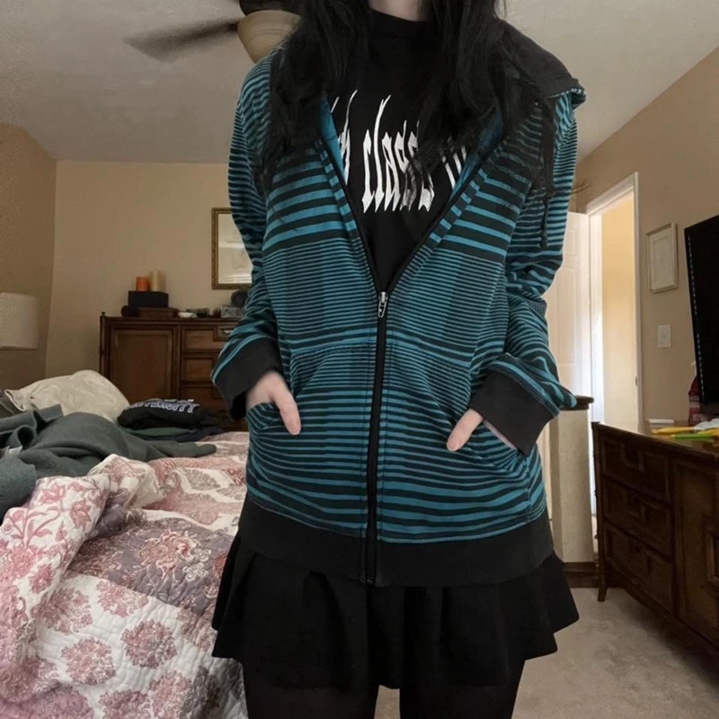 

Dourbesty 2000s Goth Mall Hoodies Women Full Sleeve Sweatshirts Harajuku Grunge Striped Print Zip Up Vintage Jackets Coat Autumn