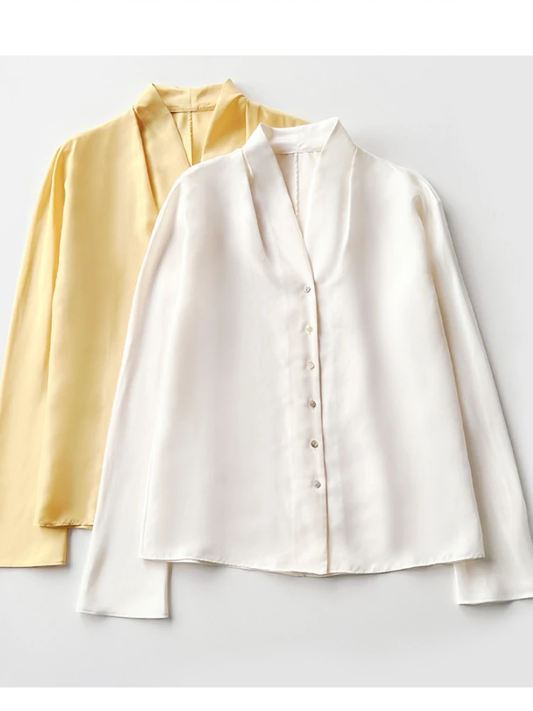 

2022 Spring Summer New Corta* 100% Silk V-neck Solid Color Long-sleeved Single-breasted Women Casual Shirt