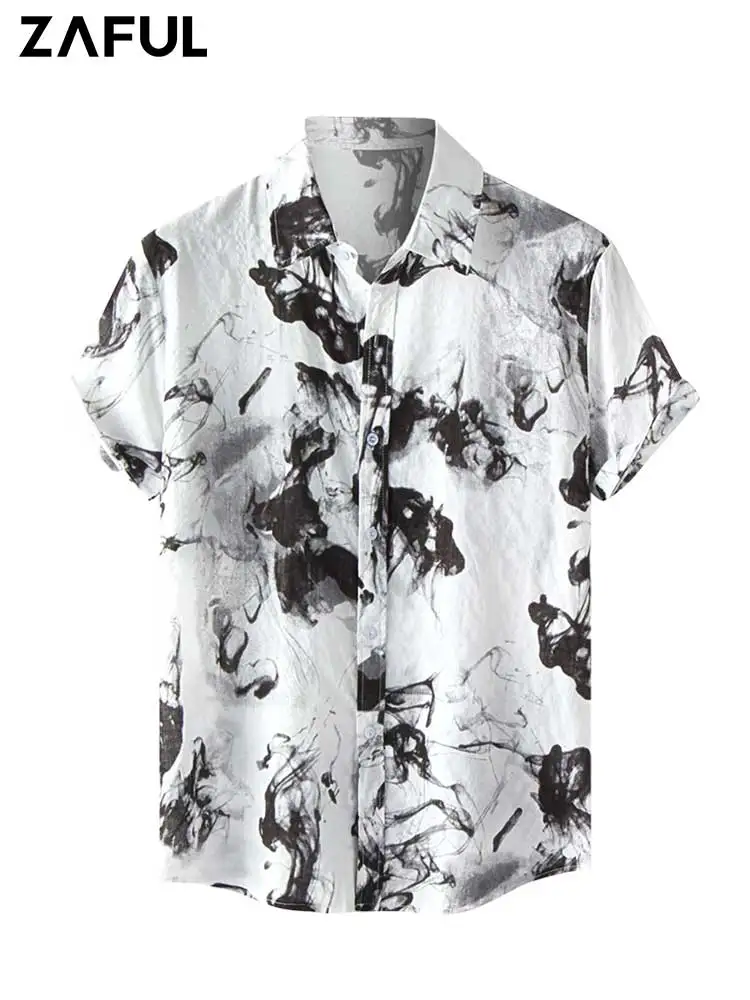 

ZAFUL Ombre Color Shirts for Men Splash Ink Print Short Sleeves Shirt Summer Streetwear Casual Turndown Collar Tops Z5038017
