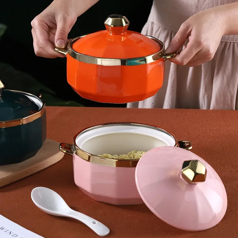 

800ML Nordic Ceramic Bowl With lid Spoon Breakfast Cereal Fruit Bowl Solid Color Dessert Soup Noodle Bowl Microwave Oven