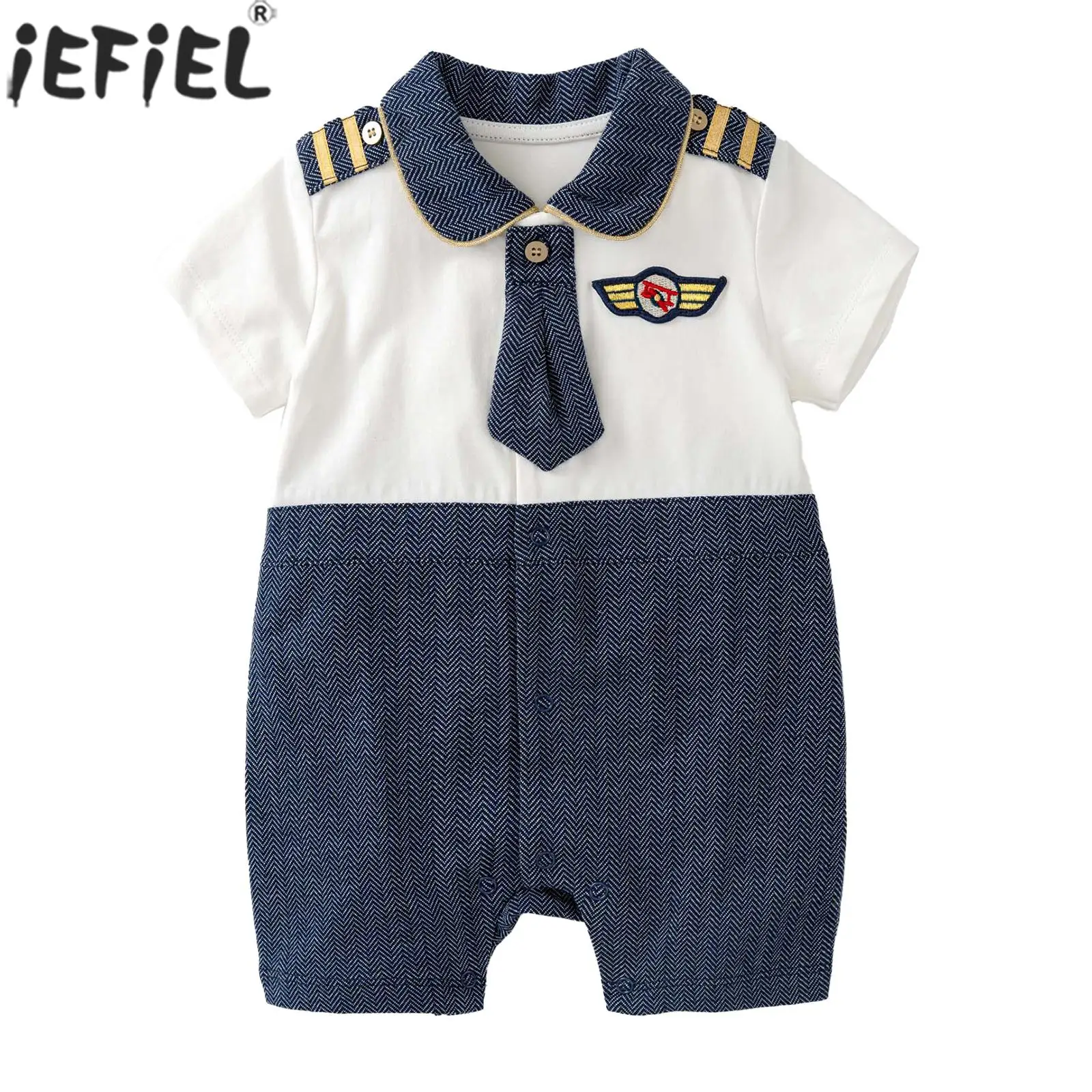 

Infant Boys Pilot Gentleman Romper Short Sleeve Turndown Collar Tie Bodysuit for Christening Birthday Halloween Party Cosplay