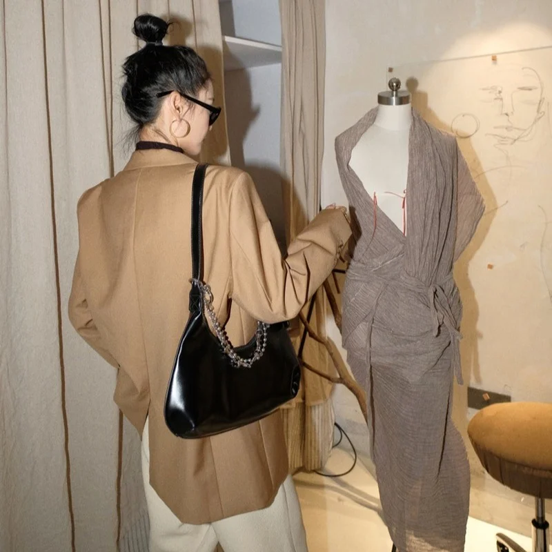 Retro Khaki Blazer Suit Women Solid Colors Single Breasted Casual Office Blazer 2023 New British Style Mid Length Commute Suit