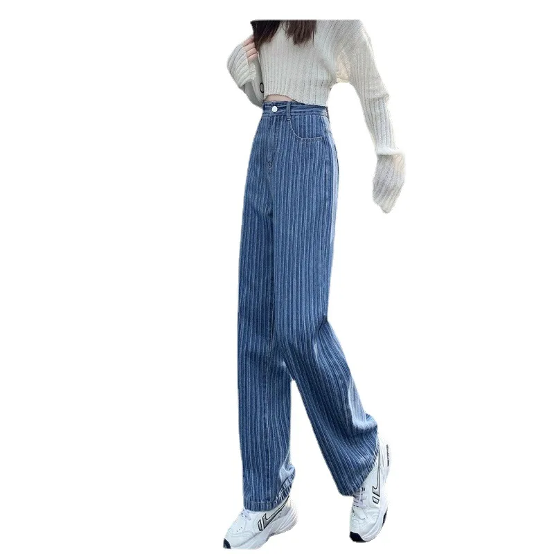 Women Pocket Stripe Wide Leg Denim Jeans High Waist Bandage New Women Spring Summer Jean Ladies Stretch Fare Bell Bottoms Pants