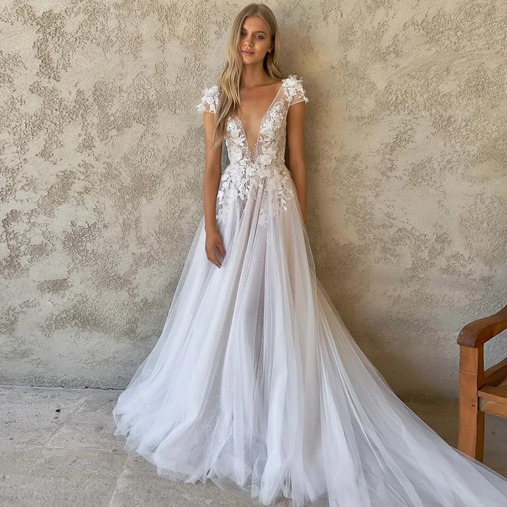 

Deep V-Neck Wedding Dress 2022 Short Sleeves A-Line Tulle Bridal Gowns Boho Vintage Lace Appliques Vestido De Noiva Custom Made