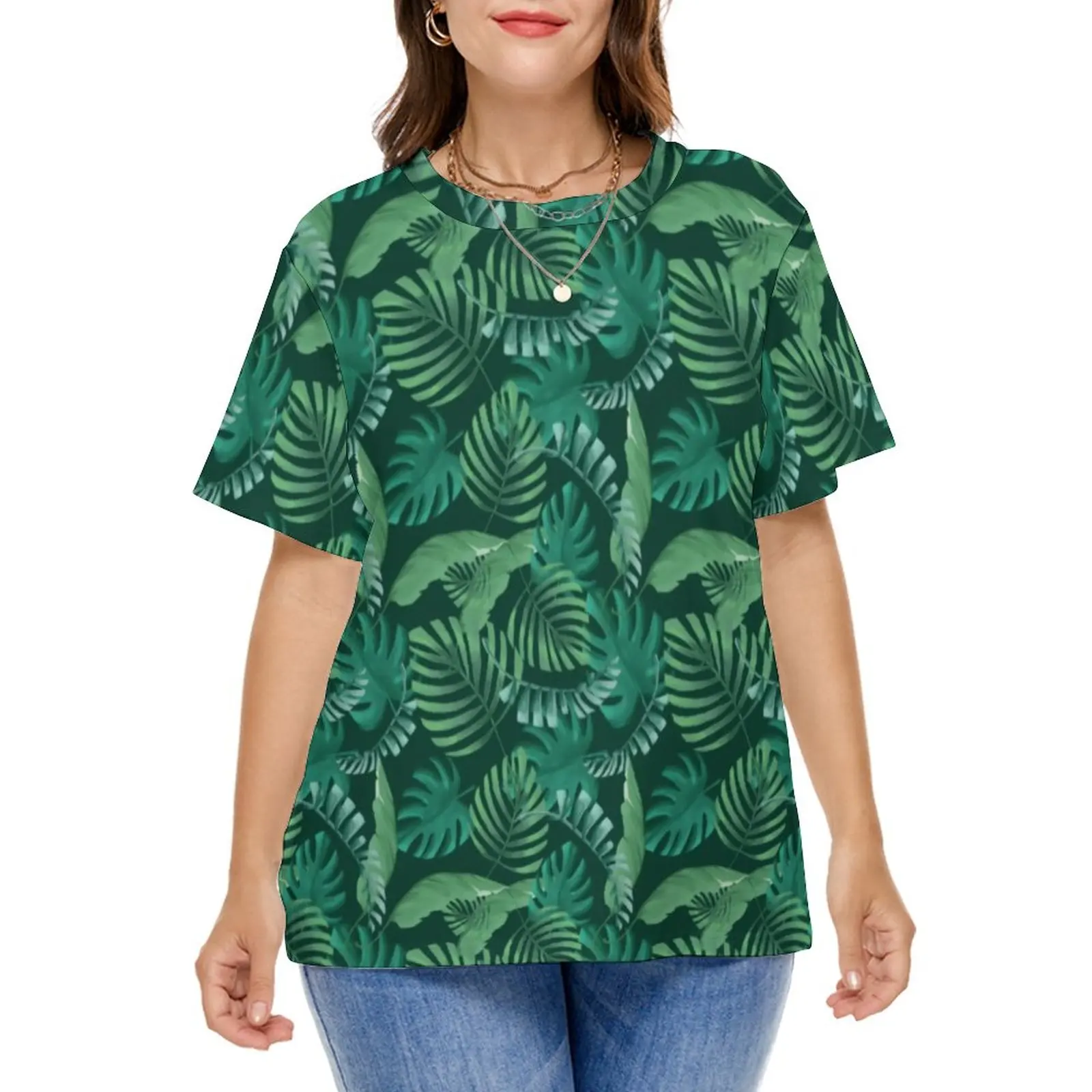 

Tropical Leaf Print T-Shirt Palm Leaves Retro T-Shirts Short-Sleeve Graphic Tshirt Women Casual Clothing Plus Size 7XL 8XL