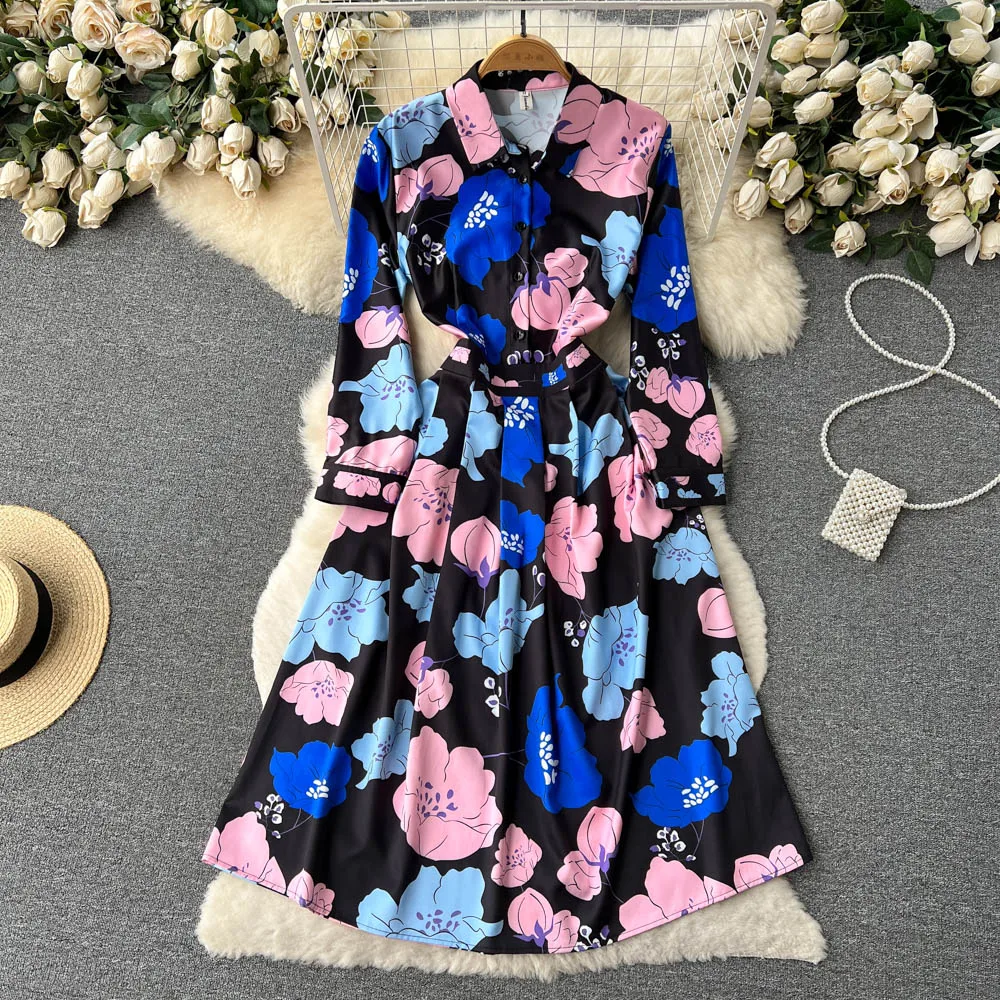 

Europe and the United States Fashion Printing Hundred Take Care of Waist Thin Waist Thin Lapel Swing Dress