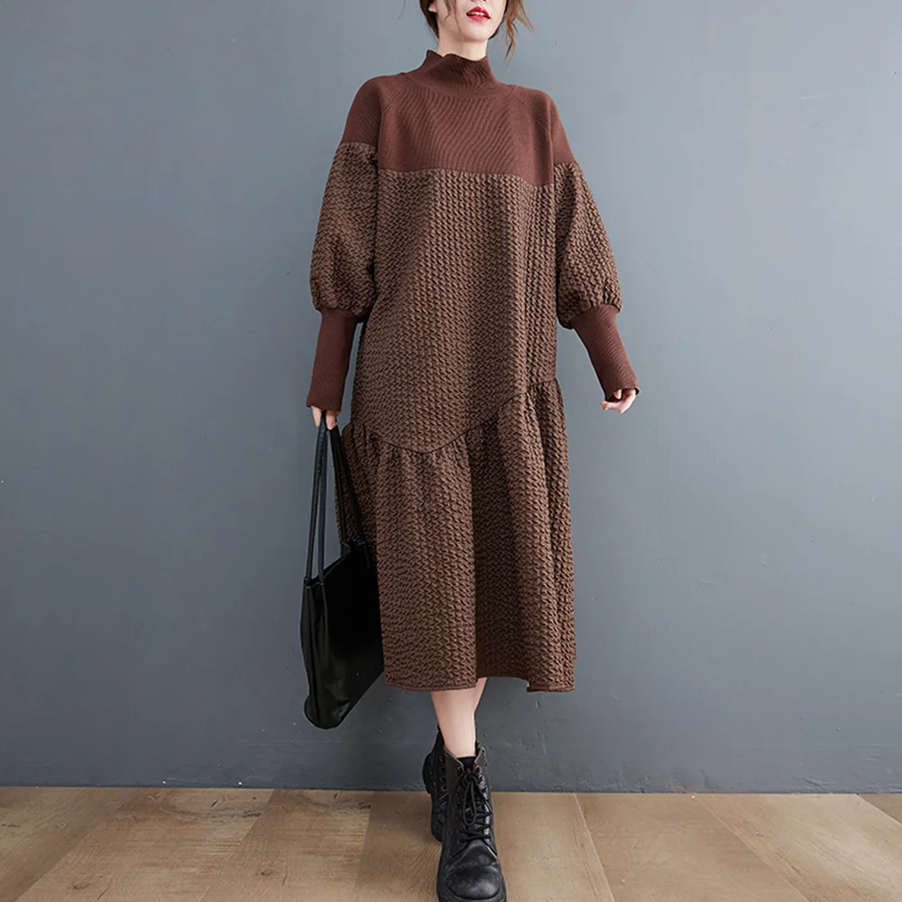

High-neck Patchwork Office Dress Women's Long-Sleeved Autumn 2023 New Loose Lrregular Stitching Mid-calf Dress Large size