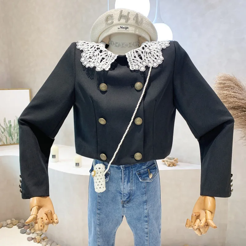 

Niche Design New Women Clothing 2022 Spring Splicing Doll Collar Double Breasted Coat Short Lace Lapel Tops Blouse Jacket