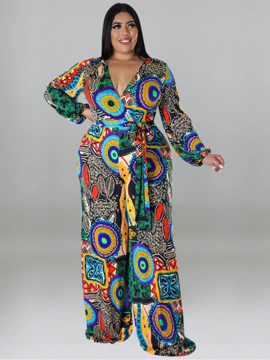 

LW Plus Size Mixed Print Bandage Design Wide Leg Jumpsuit Graffiti Element V Neck High Stretchy Wide Leg Long sleeve Jumpsuit