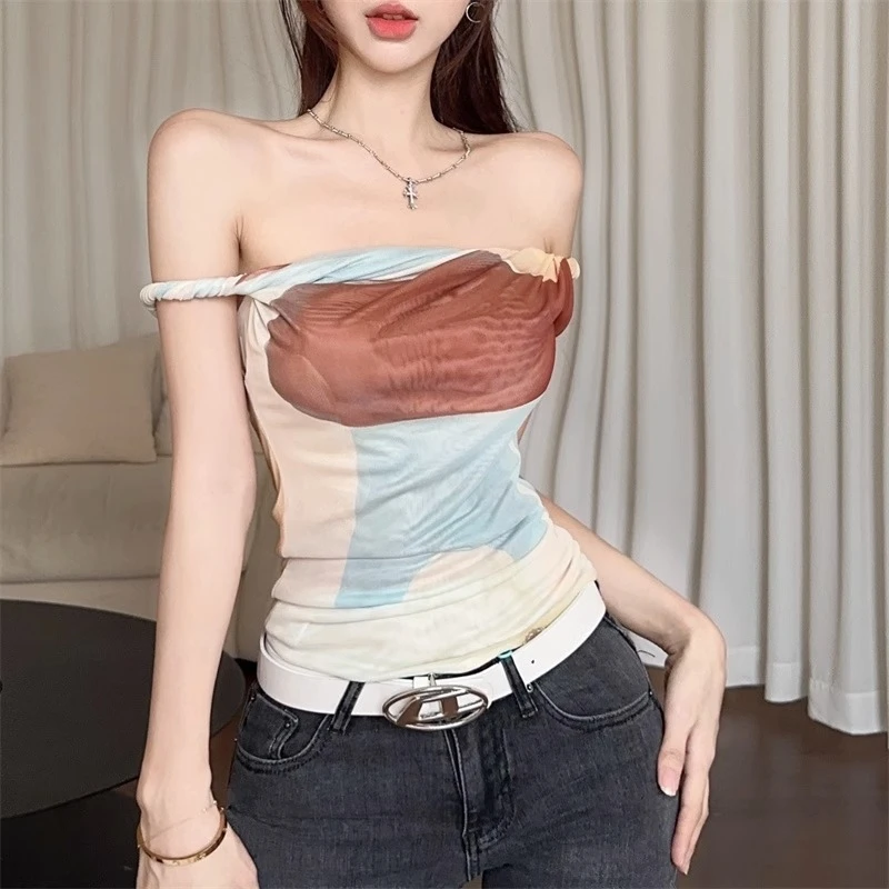 

T Shirt For Women Apricot Off Shoulder Personalized Trend Fashion Chic Y2K Style Summer Cotton Female Clothing Short Tops