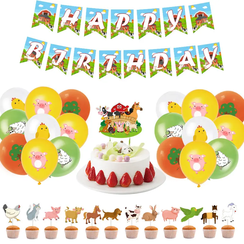 

34p/set Farm Animals Theme Party Decoration banner cake Topper Baby Shower Brithday Party Supplies Cartoon animal latex Balloons