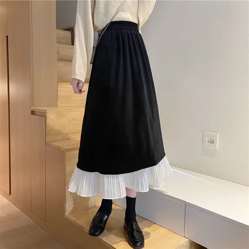 Golden velvet skirt for women in autumn and winter 2022 high waist, slim stitching, ruffle design, medium long a-line skirt