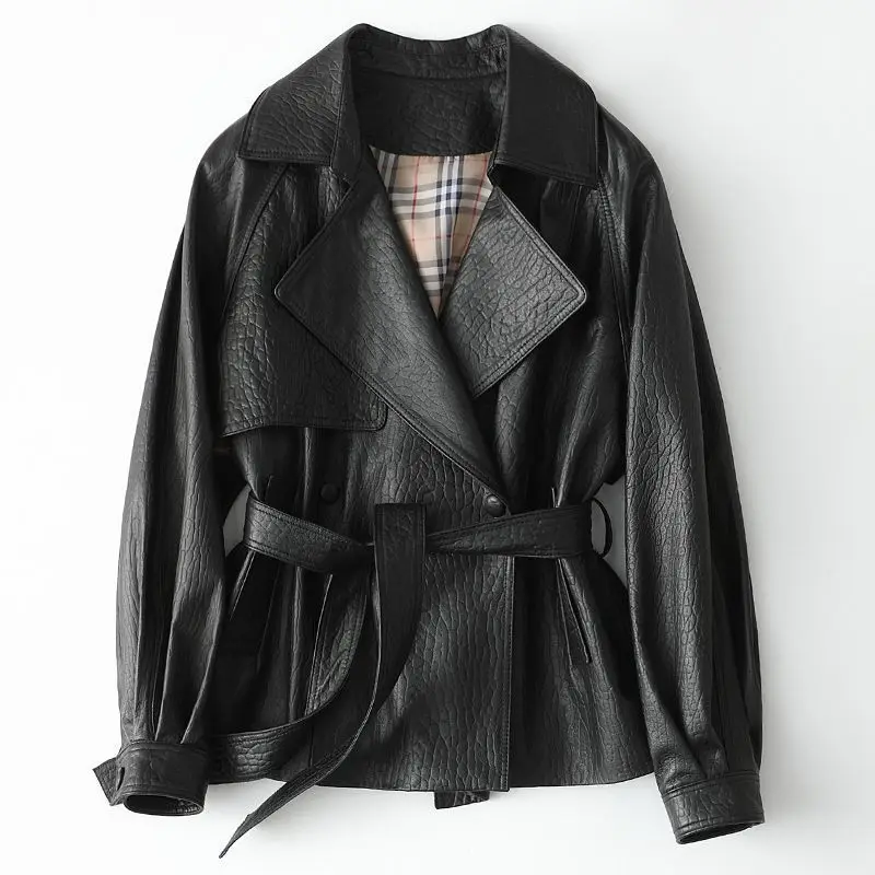 2022 New Black Leather 100% Sheepskin Short Women's Coat Lace Up Waist Leather