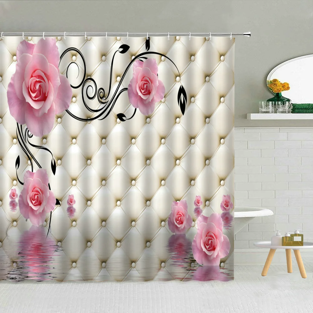 

Curtain Red Rose Green Leaves Printing Bathroom Curtains Spring Beautiful Flower Pattern Bathroom Decoration