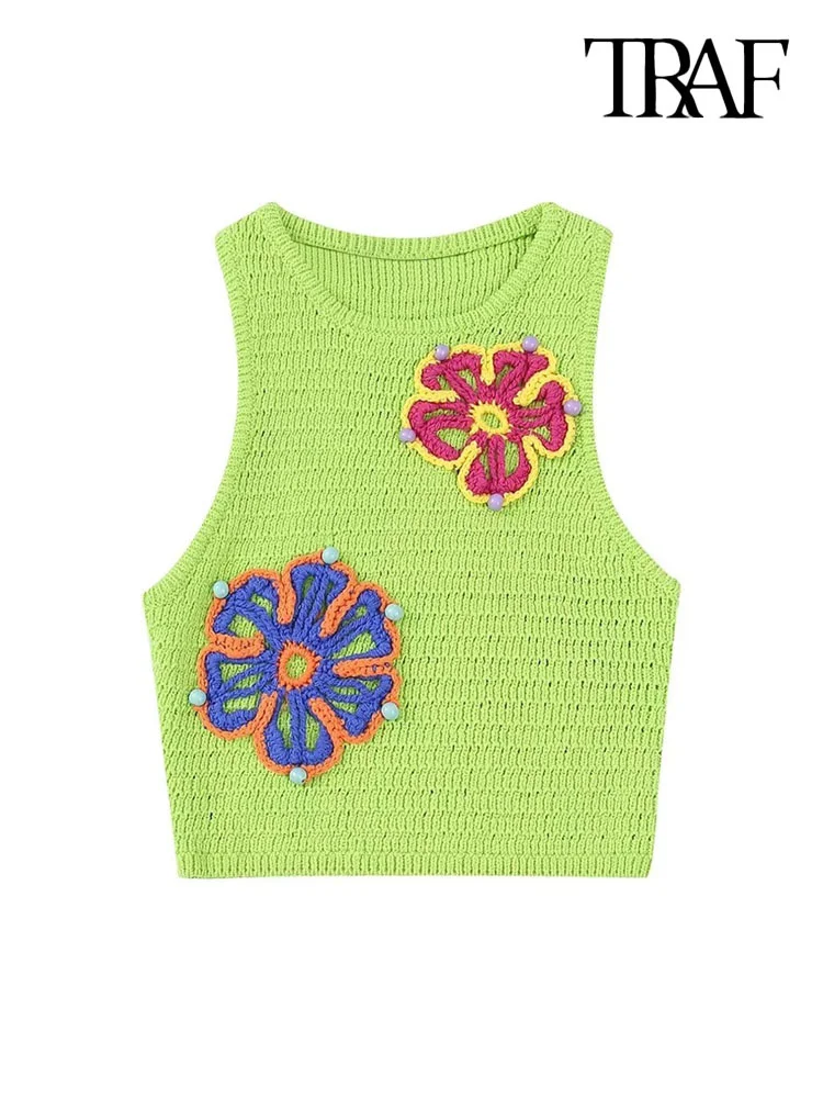 

TRAF Women Fashion Floral Crochet Crop Knit Vest Sweater Vintage O Neck Sleeveless Female Waistcoat Chic Tops