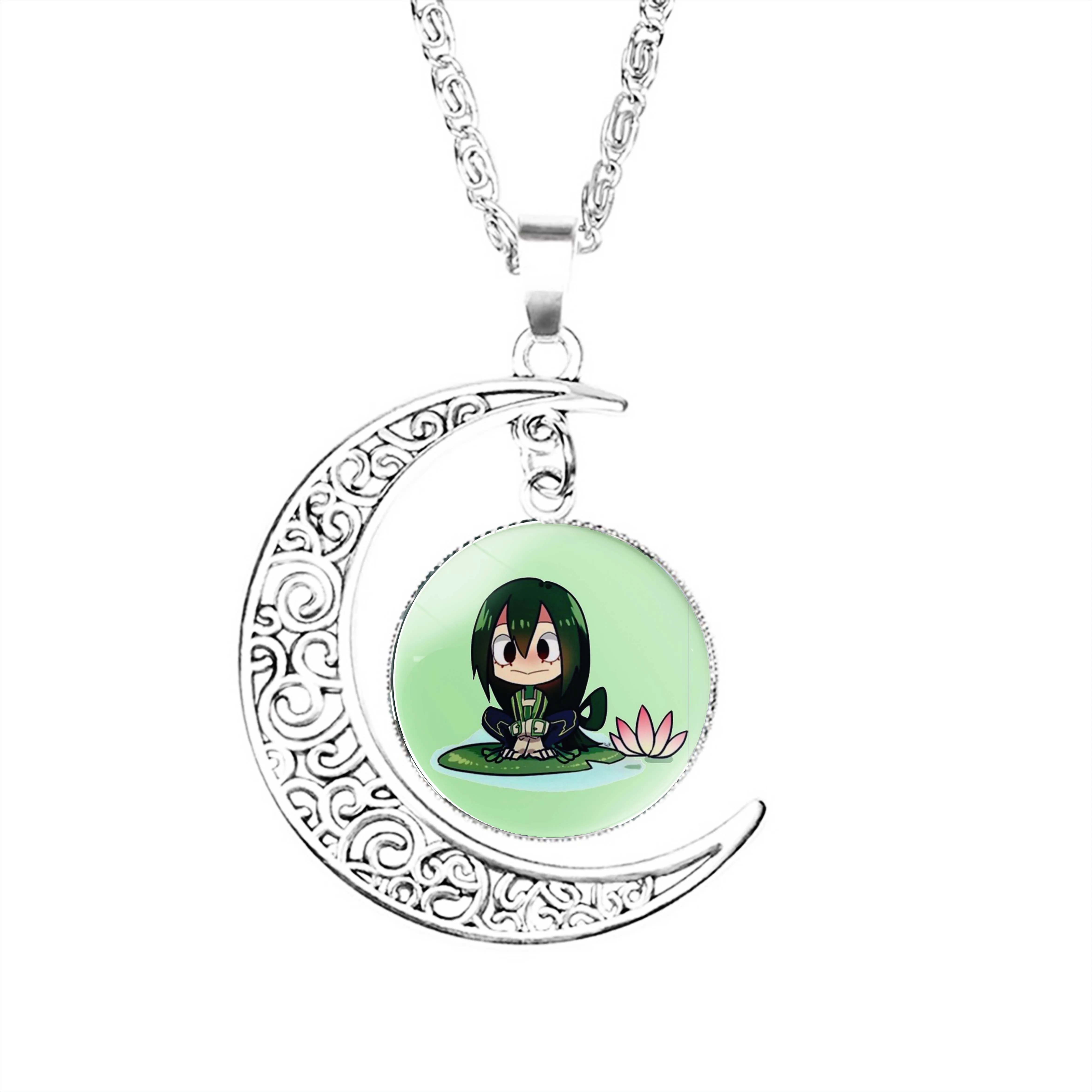

Tsuyu Asui Chibi Moon Necklace Boy Stainless Steel Women Jewelry Lovers Crescent Glass Fashion Accessories Party Men Gifts